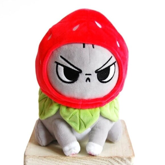 Angry Cat‎ Plush - Grey Tabby - with Strawberry Hat that Fits Real Cats! - Picture 1 of 14